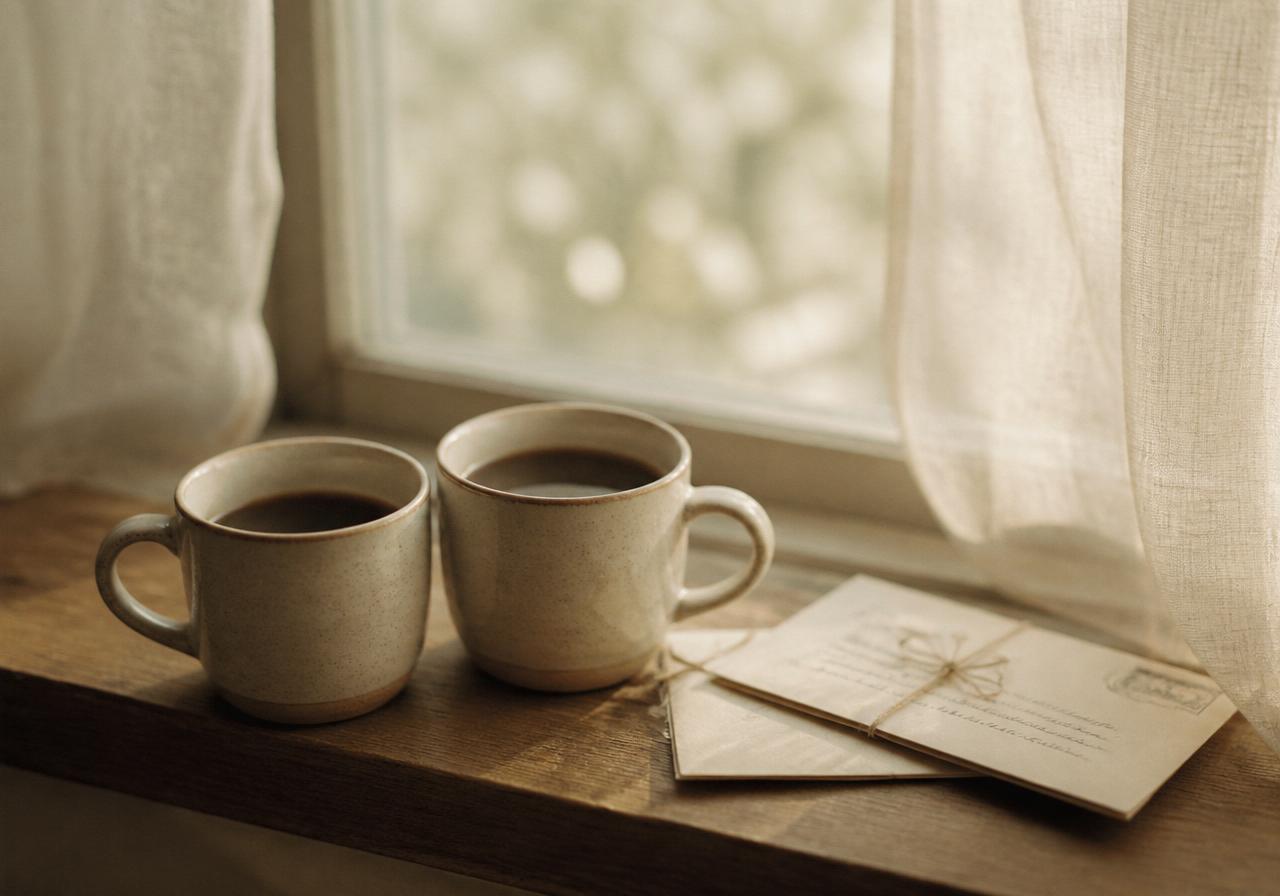 Two ceramic cups and two folded letters on a sunlit windowsill