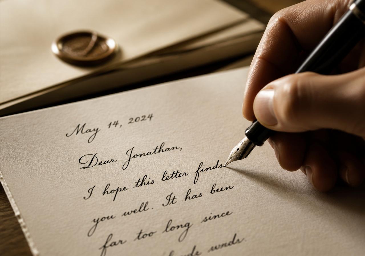 A hand writing with a fountain pen on ivory letter paper